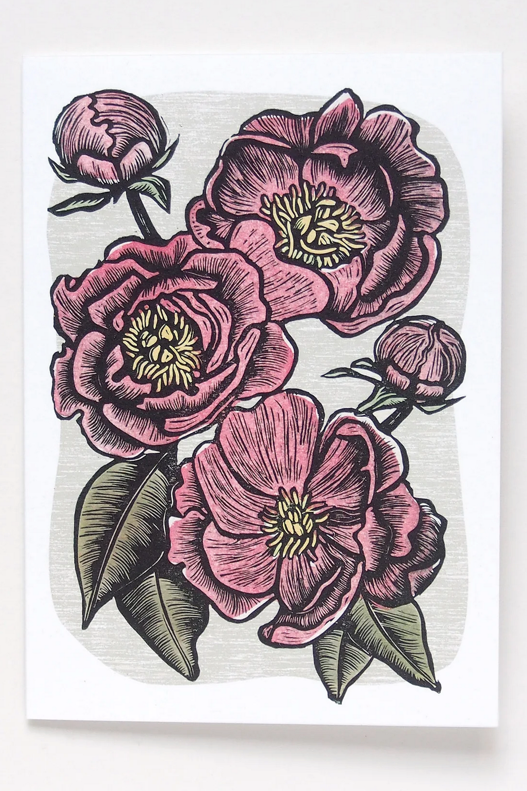 Hawk and Rose Press - Peonies Linocut Card